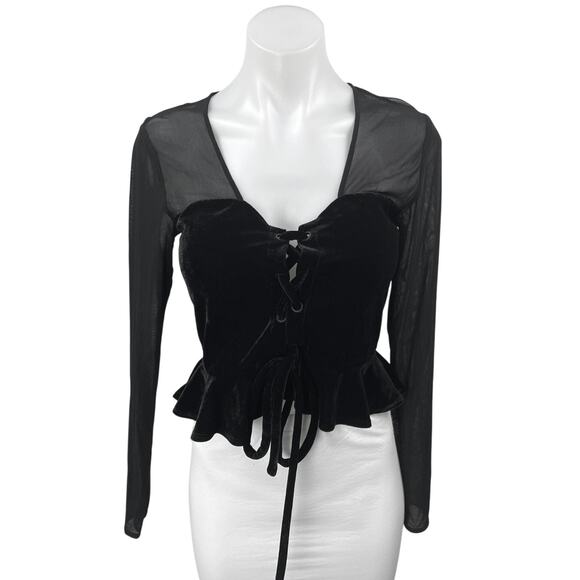 NBD Black Mesh Velour Velvet Long Sleeve Lace Up Crop Peplum Blouse Top Size S - Picture 1 of 4